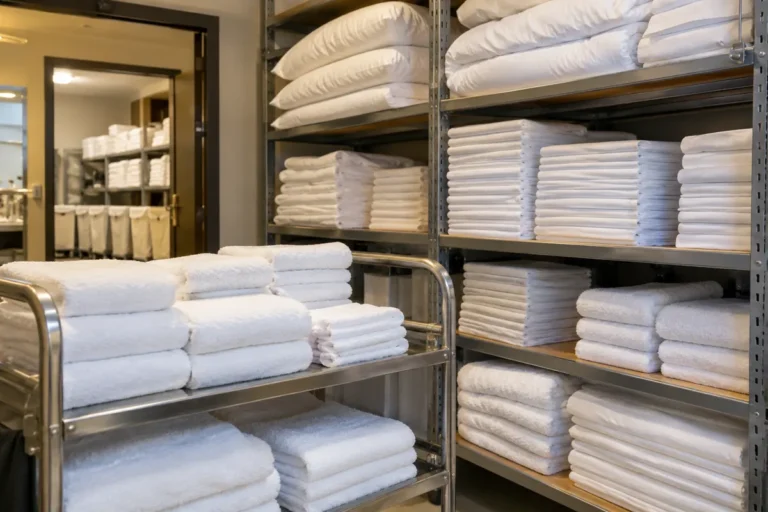 Hotel linen par levels illustrated by organized shelves of clean towels and bed sheets.